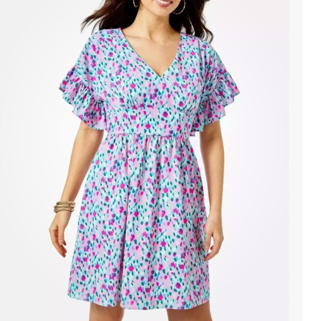 Lilly Pulitzer Blaire Hottie Dottie Teal Pink Elephant Stretch Dress Size 4